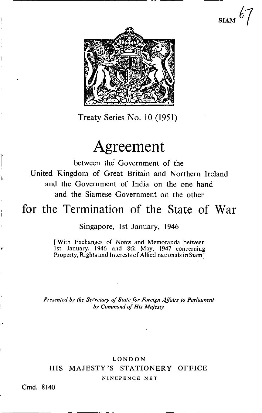 ปกความตกลงสมบูรณ์แบบระหว่างไทยกับอังกฤษเพื่อสงบศึก (ภาพจาก: UK Treaties Online)