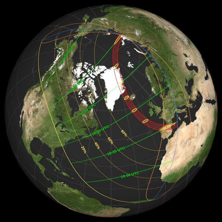 แผนที่แสดงตำแหน่งที่สามารถมองเห็นสุริยุปราคาได้ในวันที่ 12 สิงหาคม