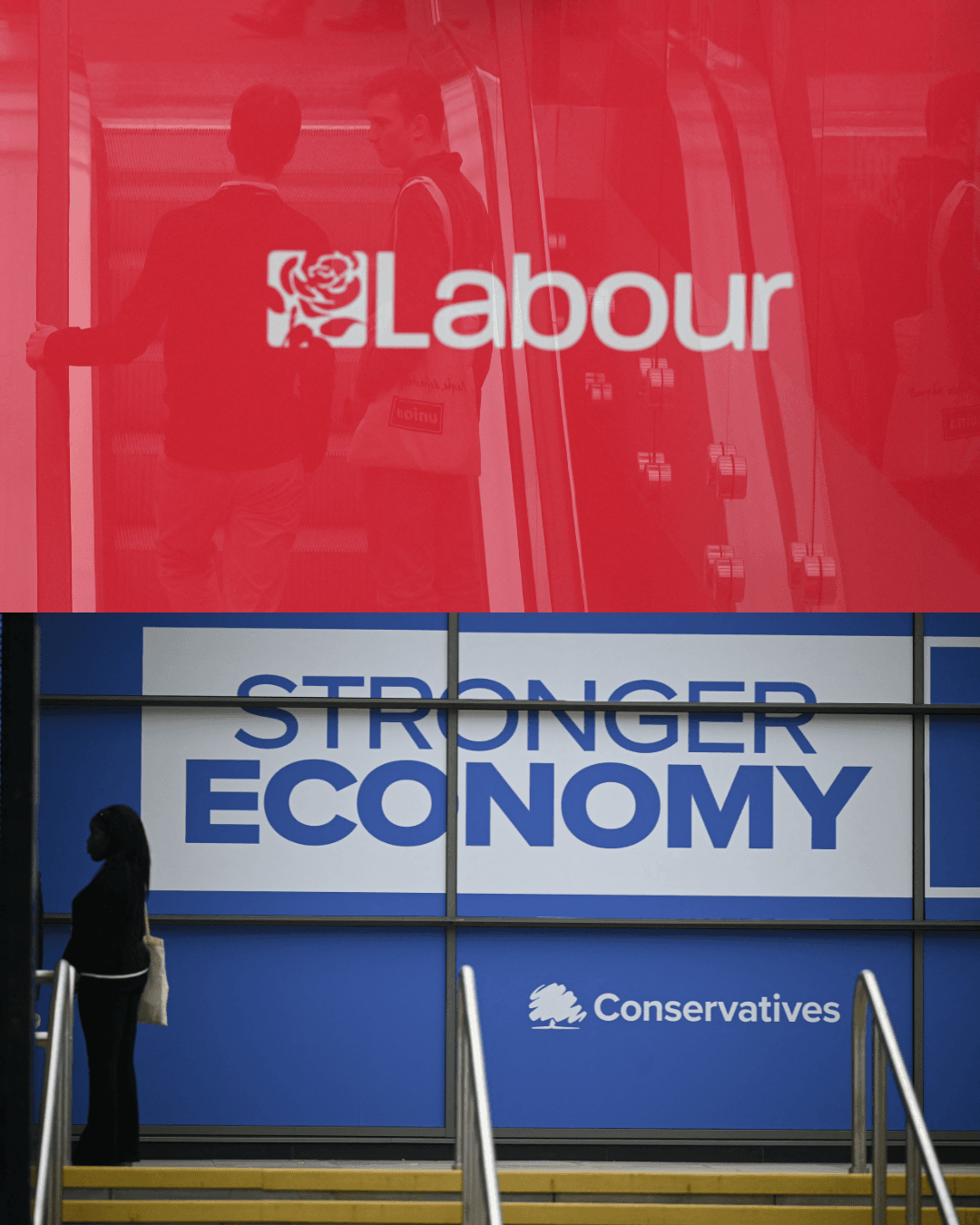 ตัวอย่างโลโก้และการใช้สีของ Labour พรรคซ้ายกลาง (บน) และ Conservative พรรคอนุรักษนิยม ในสหราชอาณาจักร (ภาพ: Oli Scarff/AFP)