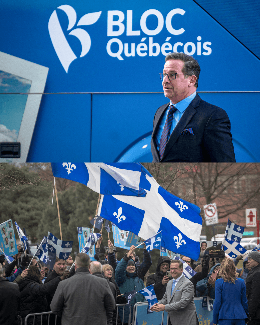 การใช้สีน้ำเงินของ Bloc Québécois พรรคการเมืองประชาธิปไตยสังคมนิยมซึ่งสนับสนุนการแยกตัวของควิเบก ตามสีธงของรัฐ (ภาพ: Andrej Ivanov/AFP)