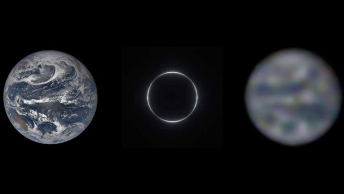 ภาพจำลองความคมชัดจากกล้องโทรทรรศน์เลนส์แรงโน้มถ่วงสุริยะ เทียบกับตัวอย่างดาวเคราะห์นอกระบบ (ซ้าย) ภาพถ่ายจำลอง (กลาง) และ ภาพหลังการประมวลผล (ขวา) : ที่มาภาพ Alexander Madurowicz