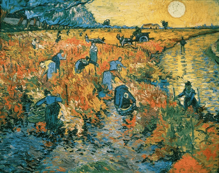ภาพไร่องุ่นแดง ภาพเดียวที่ขายออกเมื่อแวน โก๊ะยังมีชีวิตอยู่ [เครดิต: Vincent van Gogh, The Red Vineyard, 1888, Pushkin Museum of Fine Arts, Moscow via Van Gogh Museum, Amsterdam (Vincent van Gogh Foundation)]