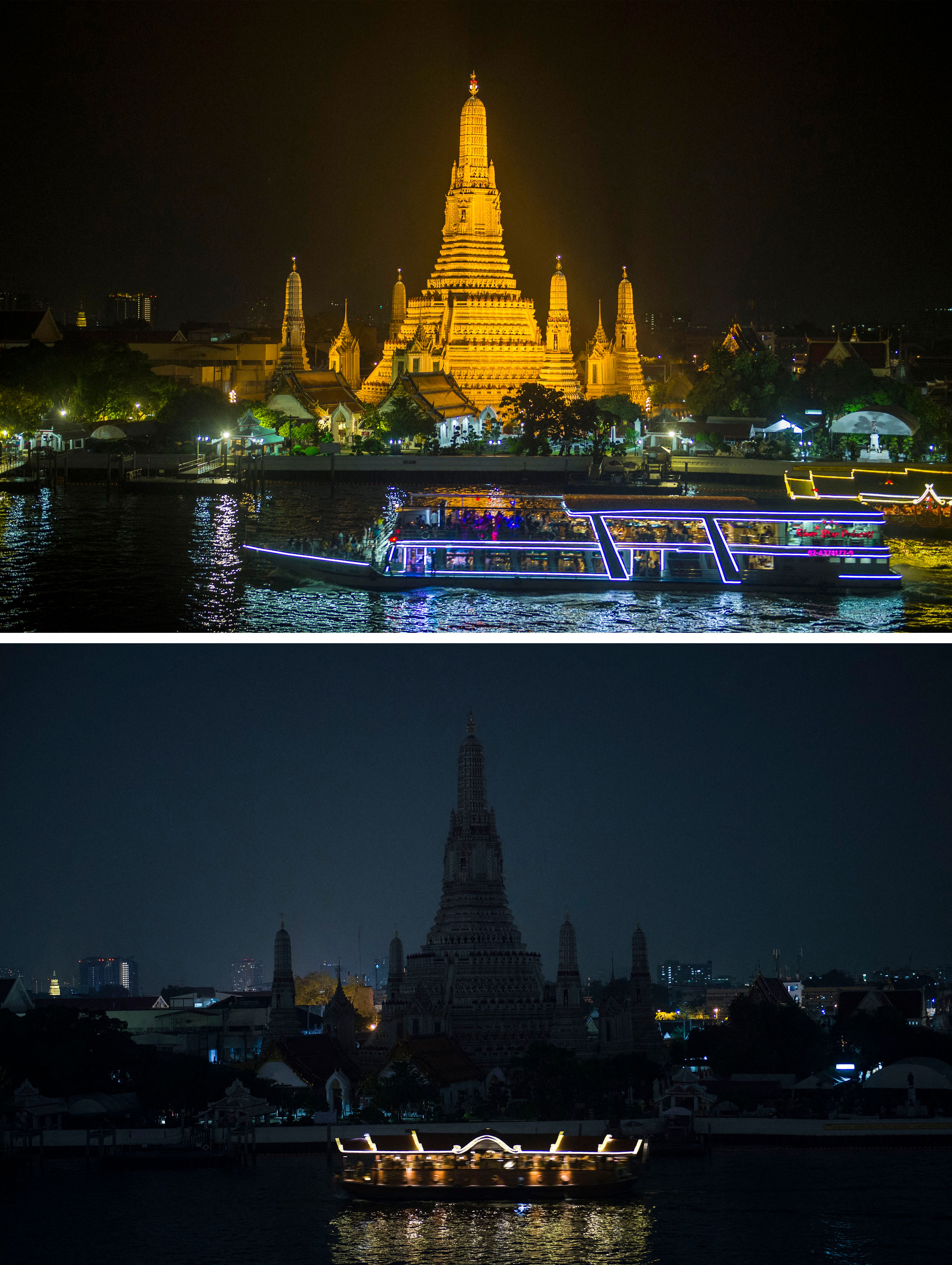 วัดอรุณราชวรารามปิดไฟในกิจกรรม Earth Hour 2018 เมื่อวันที่ 25 มี.ค. 61 (ภาพ: Romeo Gacad/AFP)