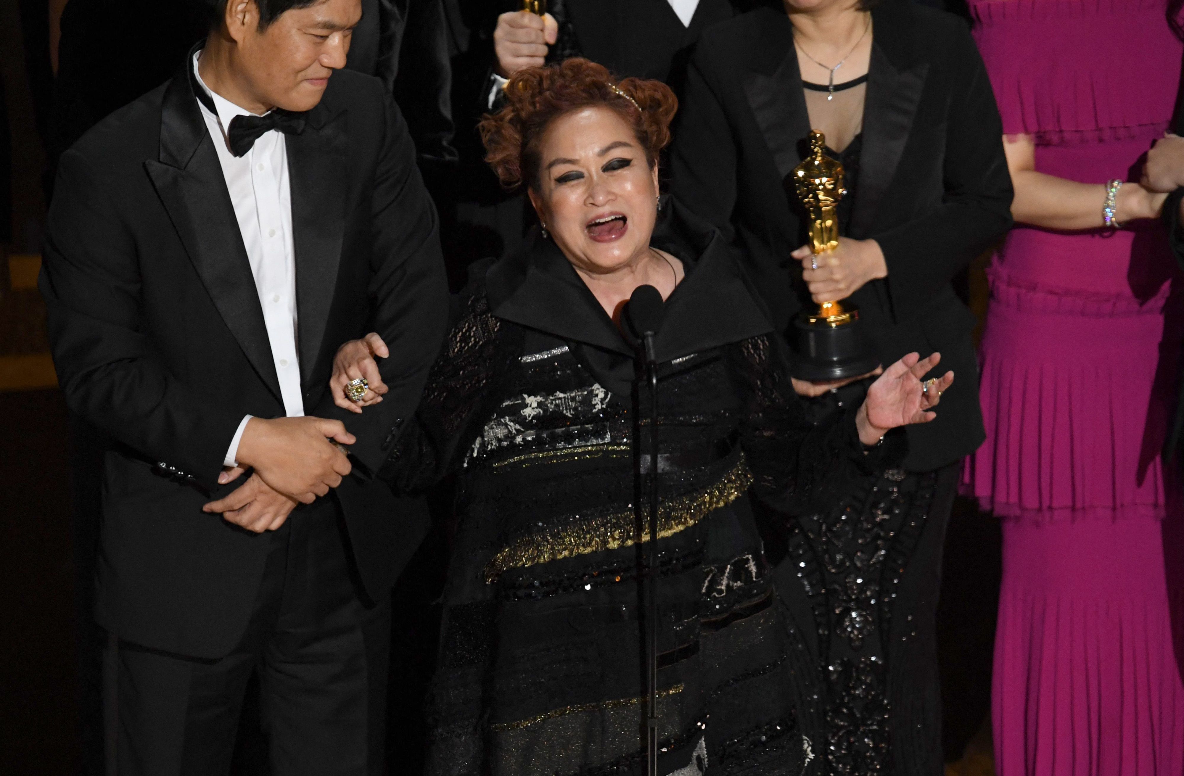 Miky Lee while giving her speech after Parasite’s Best Picture victory at the 92nd Academy Awards (Photo: Kevin Winter/Getty Images via AFP)