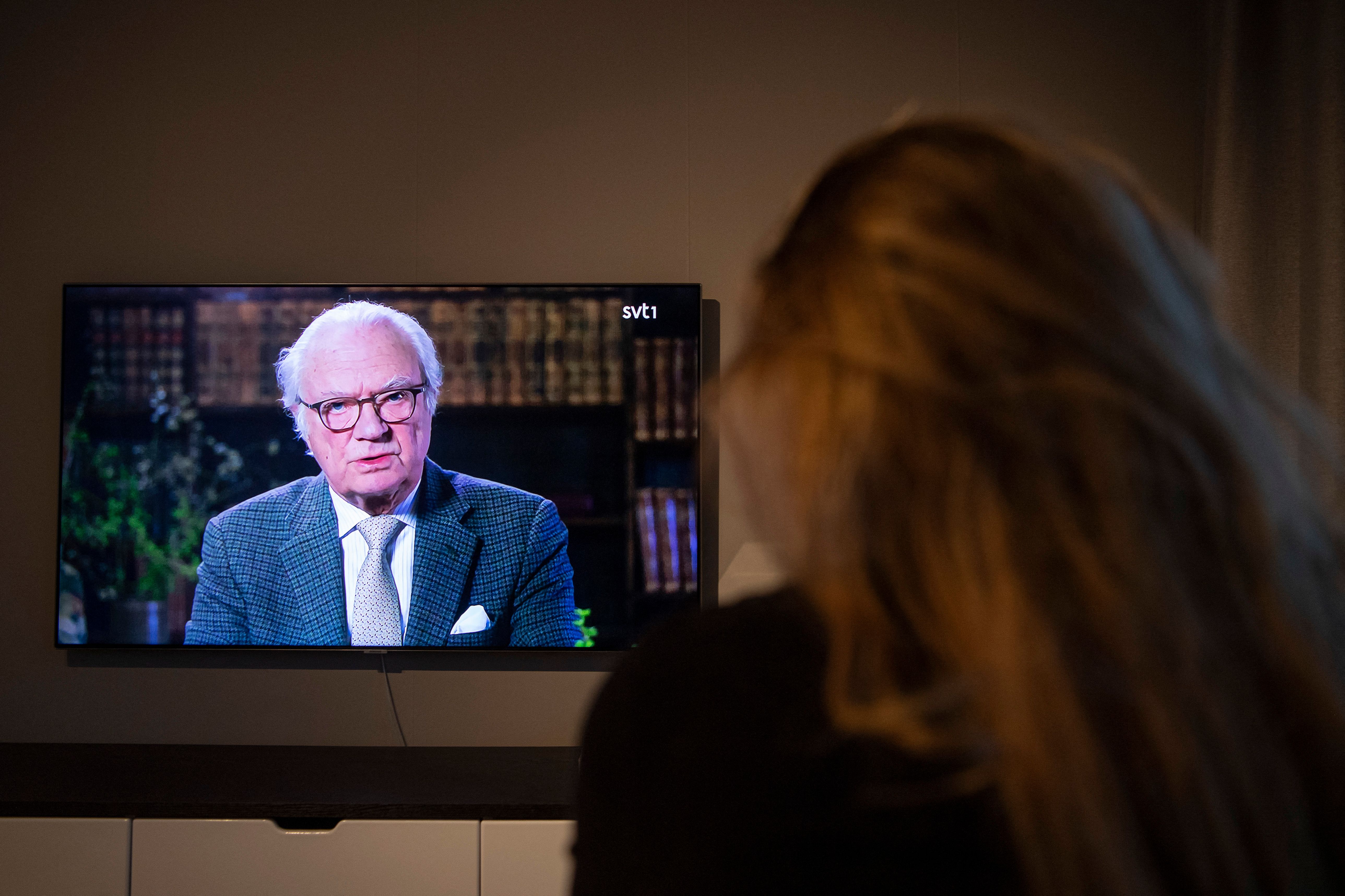 SVT, Sweden’s public broadcaster, transmitting King Carl XVI Gustaf’s during the pandemic in 2020 (Photo: Jonathan Nackstrand/AFP)