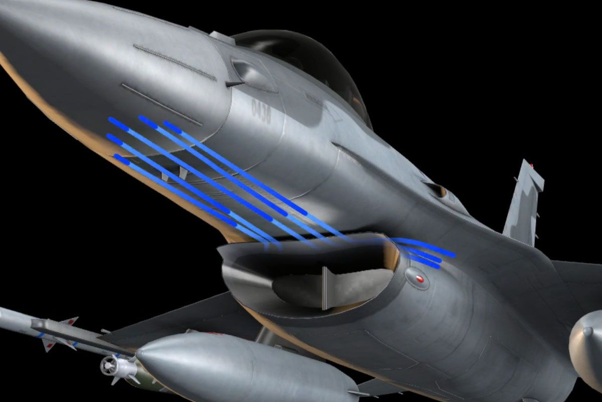 ภาพวาดอธิบายการทำงานของ Diverter ของเครื่องบิน F-16 Fighting Falcon จะเห็นว่าลมที่เคลื่อนที่ตามผิวเครื่องจะถูกเบี่ยงออกไม่ไหลเข้าไปในช่องอากาศเข้าเครื่องยนต์ ภาพจาก Nellis AFB Public Affairs