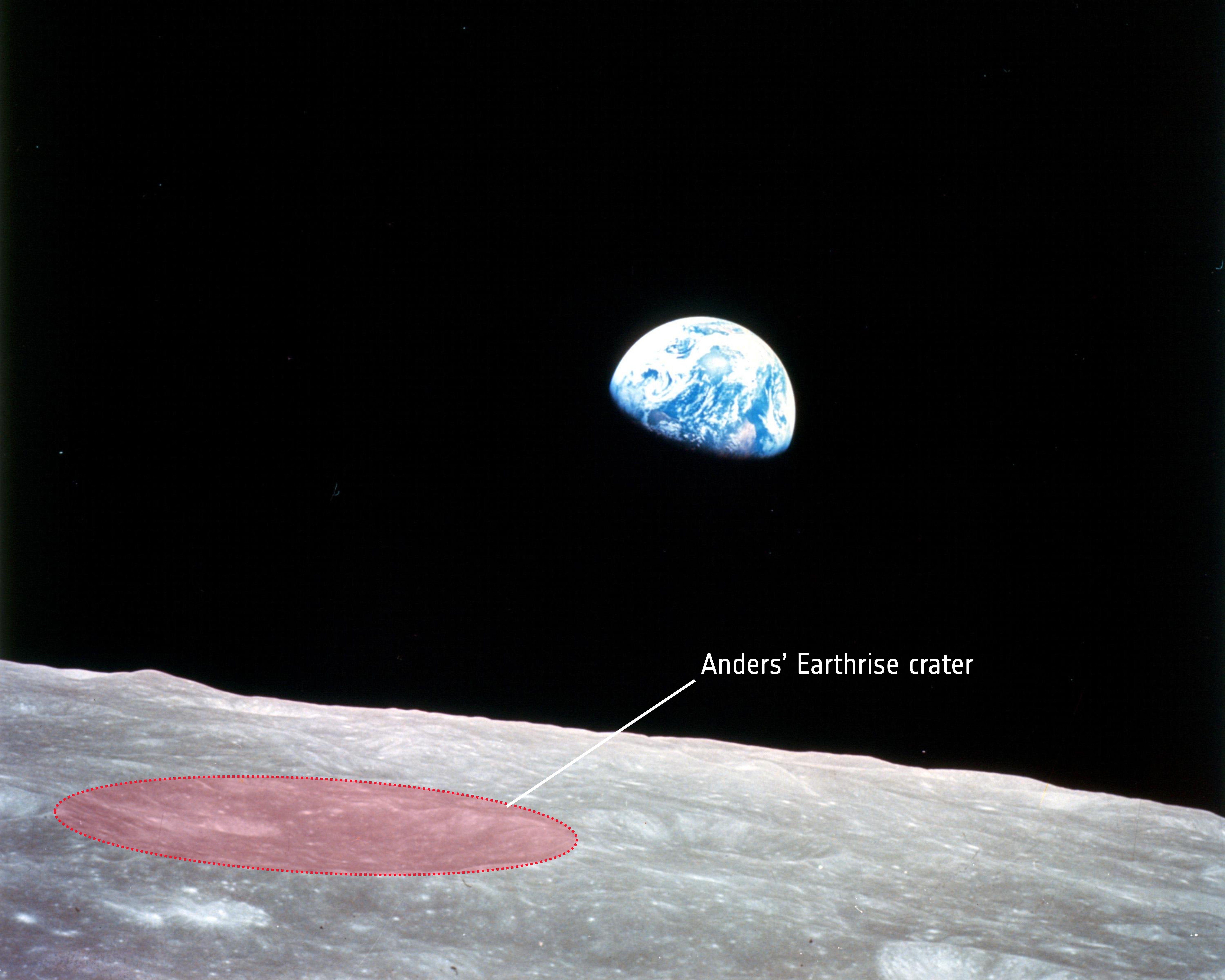 ภาพถ่าย Earthrise ของภารกิจอะพอลโล 8 ที่ถ่ายภาพโลกกำลังขึ้นบนท้องฟ้าของดวงจันทร์ ซึ่งหลุมอุกกาบาตที่อยู่ด้านหน้าถูกตั้งชื่อว่า Ander's Earthrise เพื่อเป็นเกียรติกับหลุมอุกกาบาตในภาพถ่ายนี้ ภาพจาก ESA