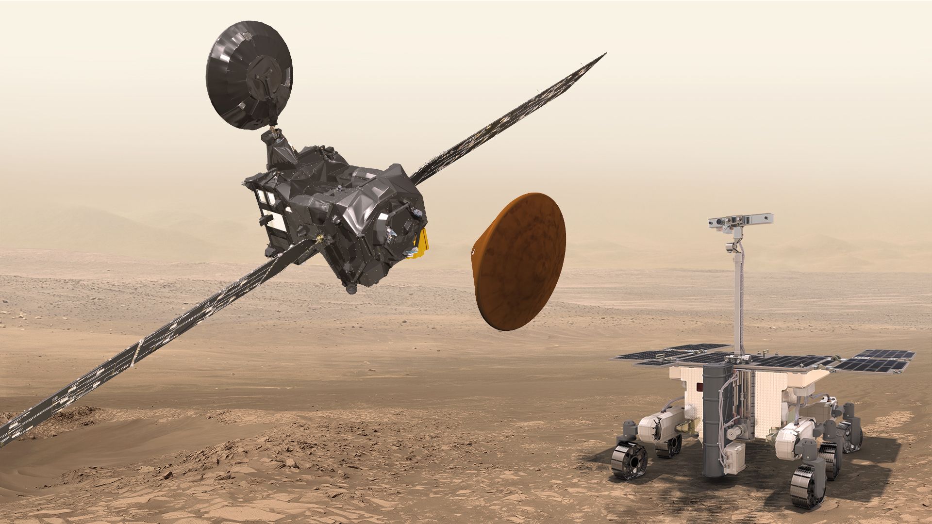 ภาพวาดภาพรวมของโครงการ ExoMars ที่ประกอบไปด้วยยานอวกาศทั้งหมดสามลำ คือ TGO, Schiaparelli EDM และ Rosalind Franklin ภาพจาก ESA