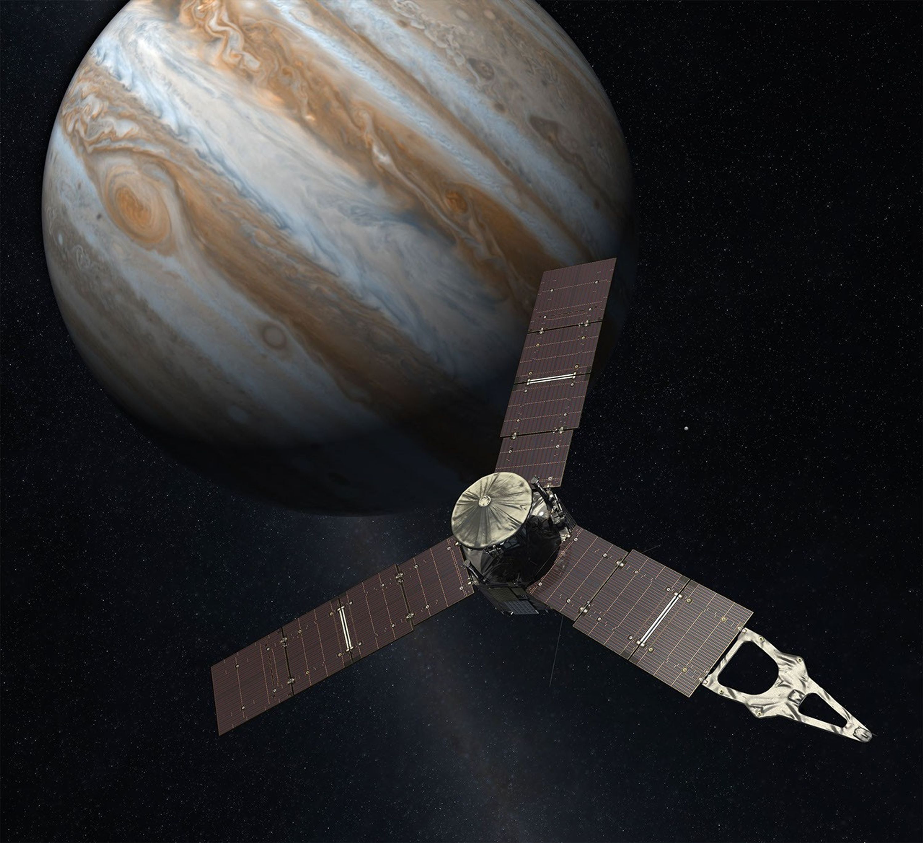 ภาพวาดของยานอวกาศ Juno จะเห็นว่าจานรับสัญญาณถูกครอบด้วย randome ภาพจาก NASA