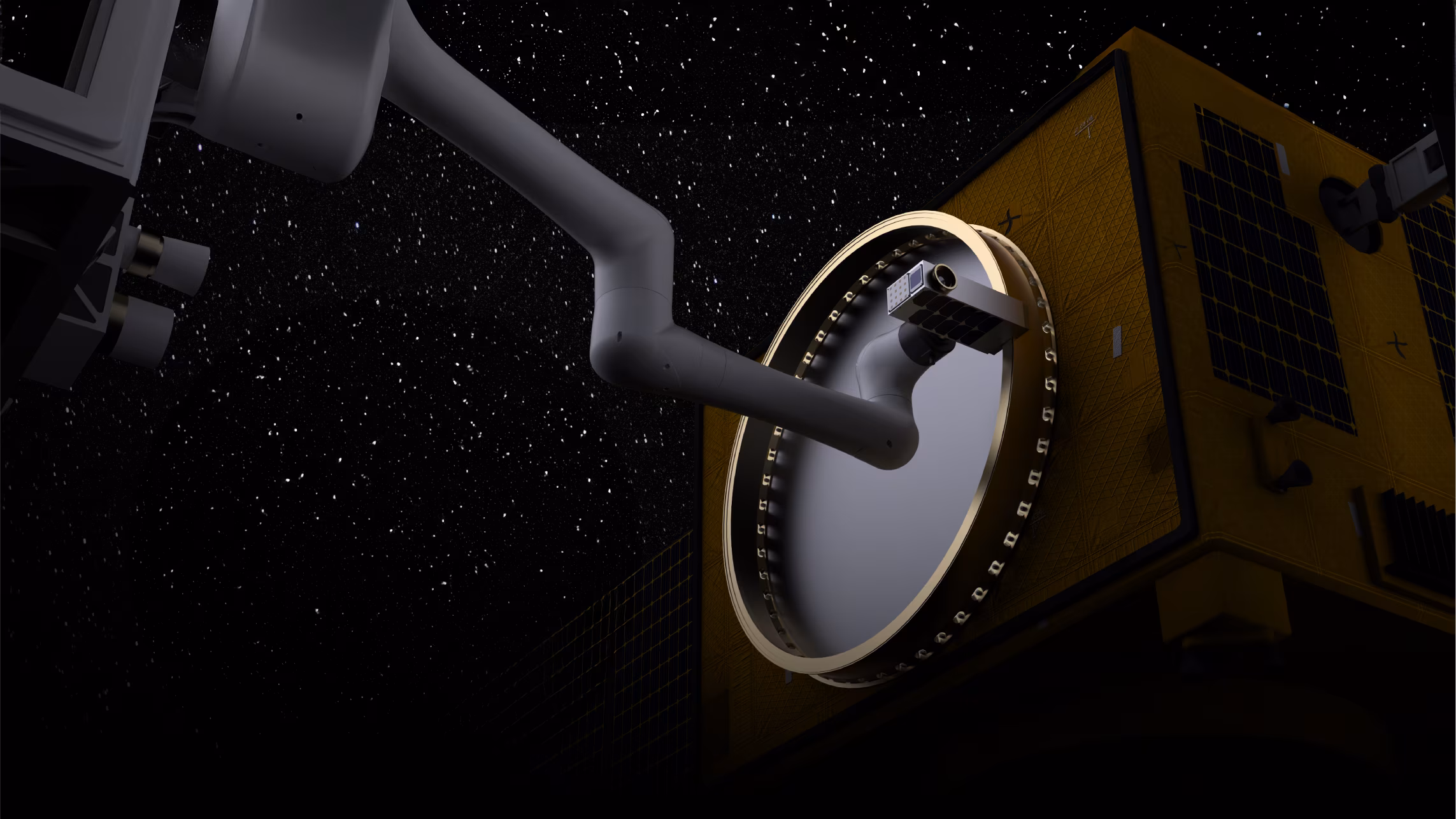 ภาพวาดแขนกลของหุ่นยนต์จากบริษัท Katalyst Space Technologies ที่ยืนไปเกาะชิ้นส่วนของกล้องโทรทรรศน์อวกาศสวิฟต์เพื่อทำการปรับวงโคจรของกล้อง ภาพจาก Katalyst Space Technologies