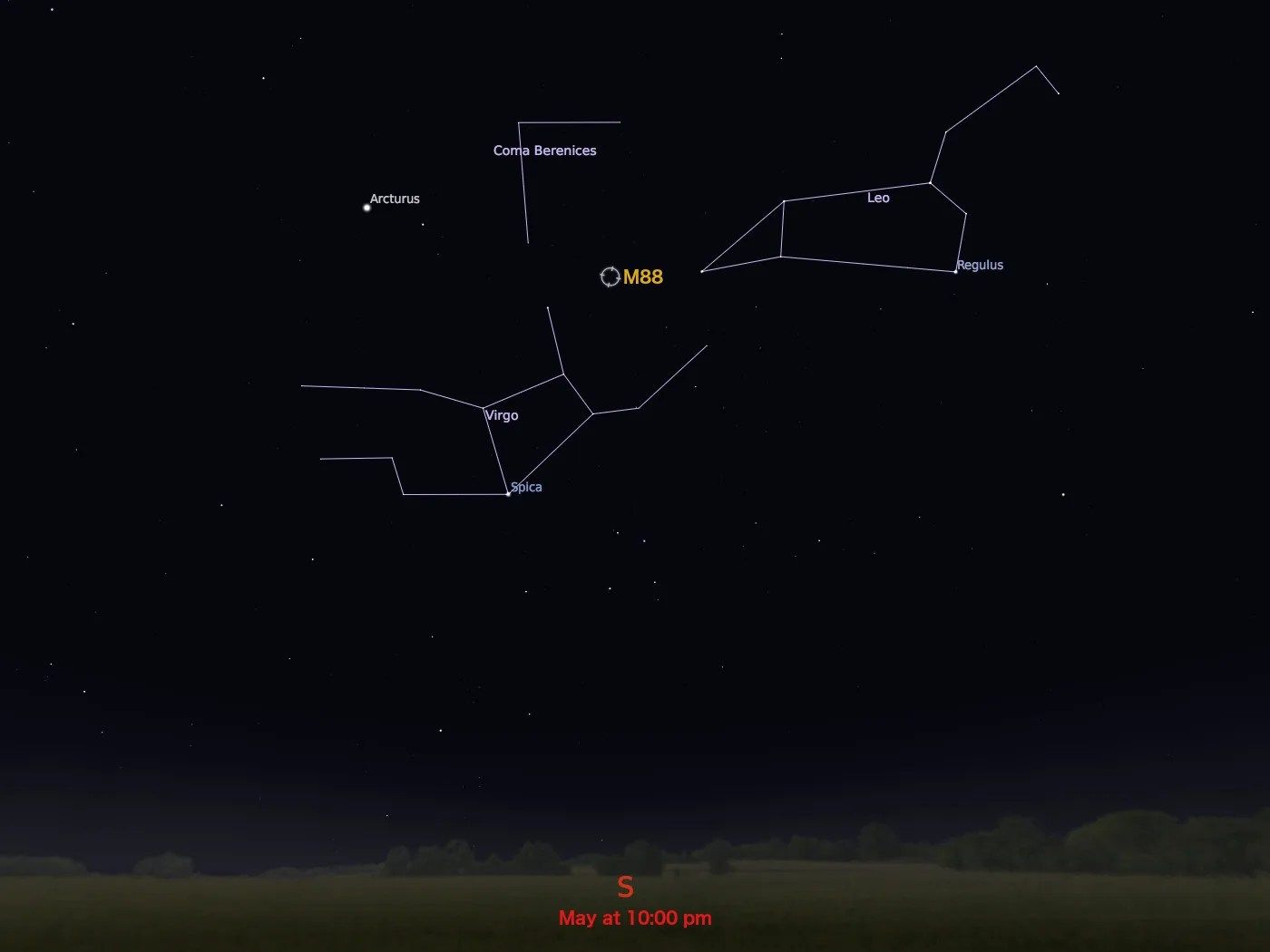 ตำแหน่งของกาแล็กซี M88 และกลุ่มดาวหญิงสาวบนท้องฟ้า ที่มา Stellarium