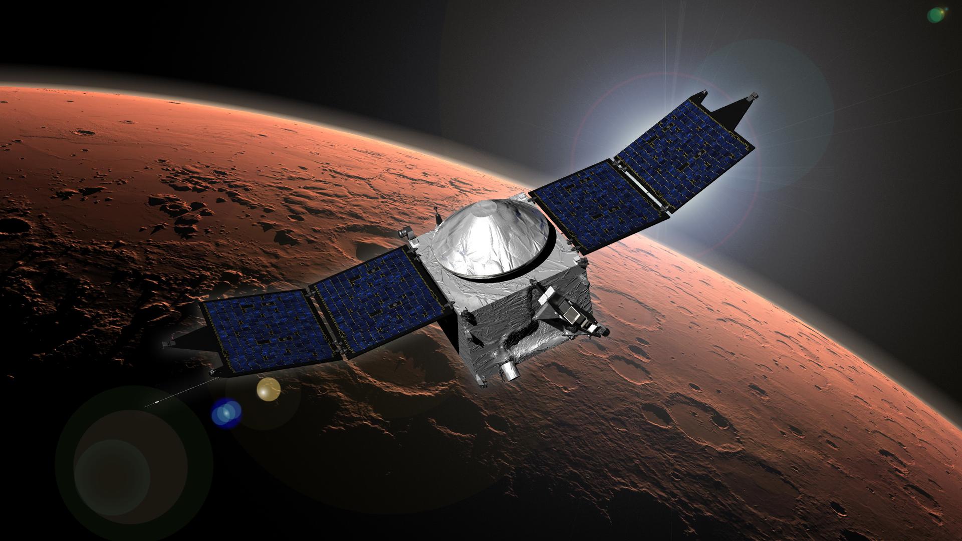ภาพวาดของยานอวกาศ MAVEN ที่ทำหน้าที่โคจรรอบดาวอังคารของ NASA ภาพจาก NASA
