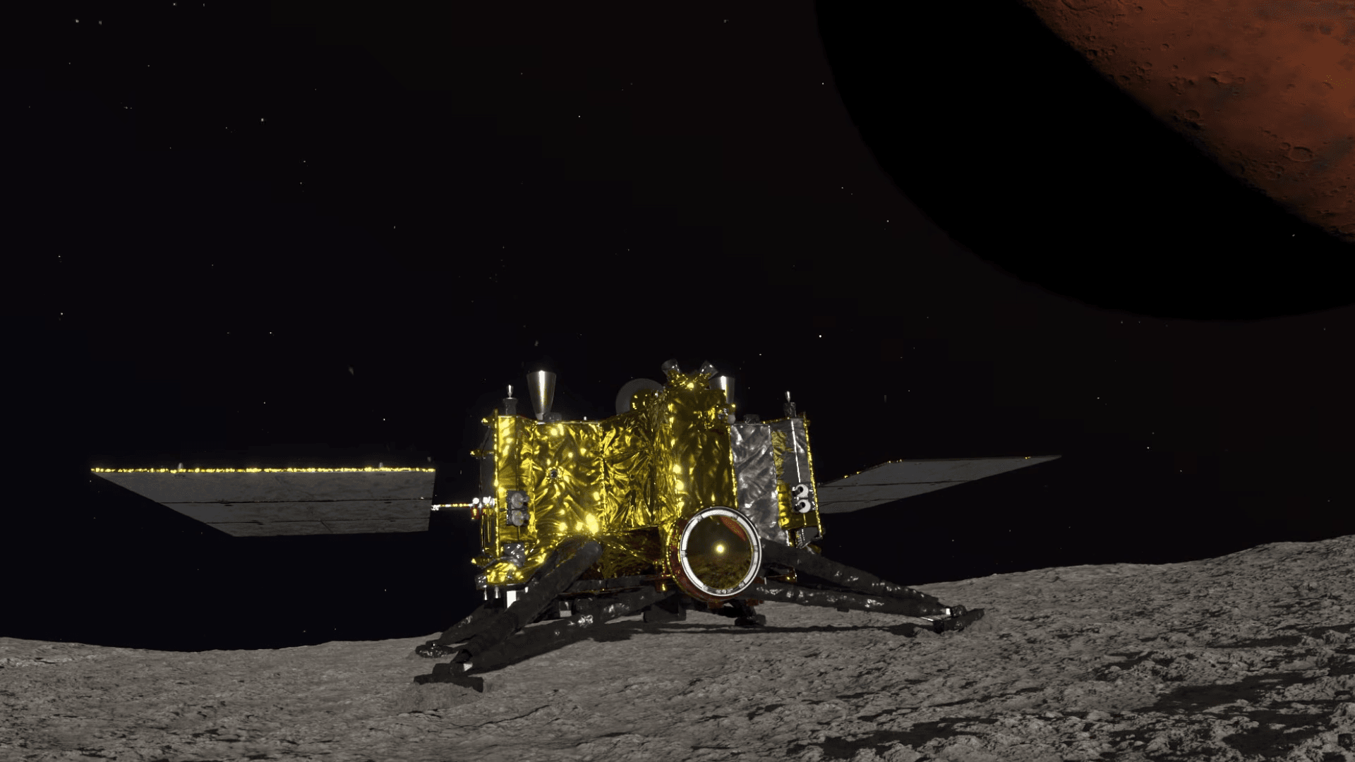 ภาพวาดยาน MMX ลงจอดบนพื้นผิวของดวงจันทร์โฟบอส ภาพจาก JAXA