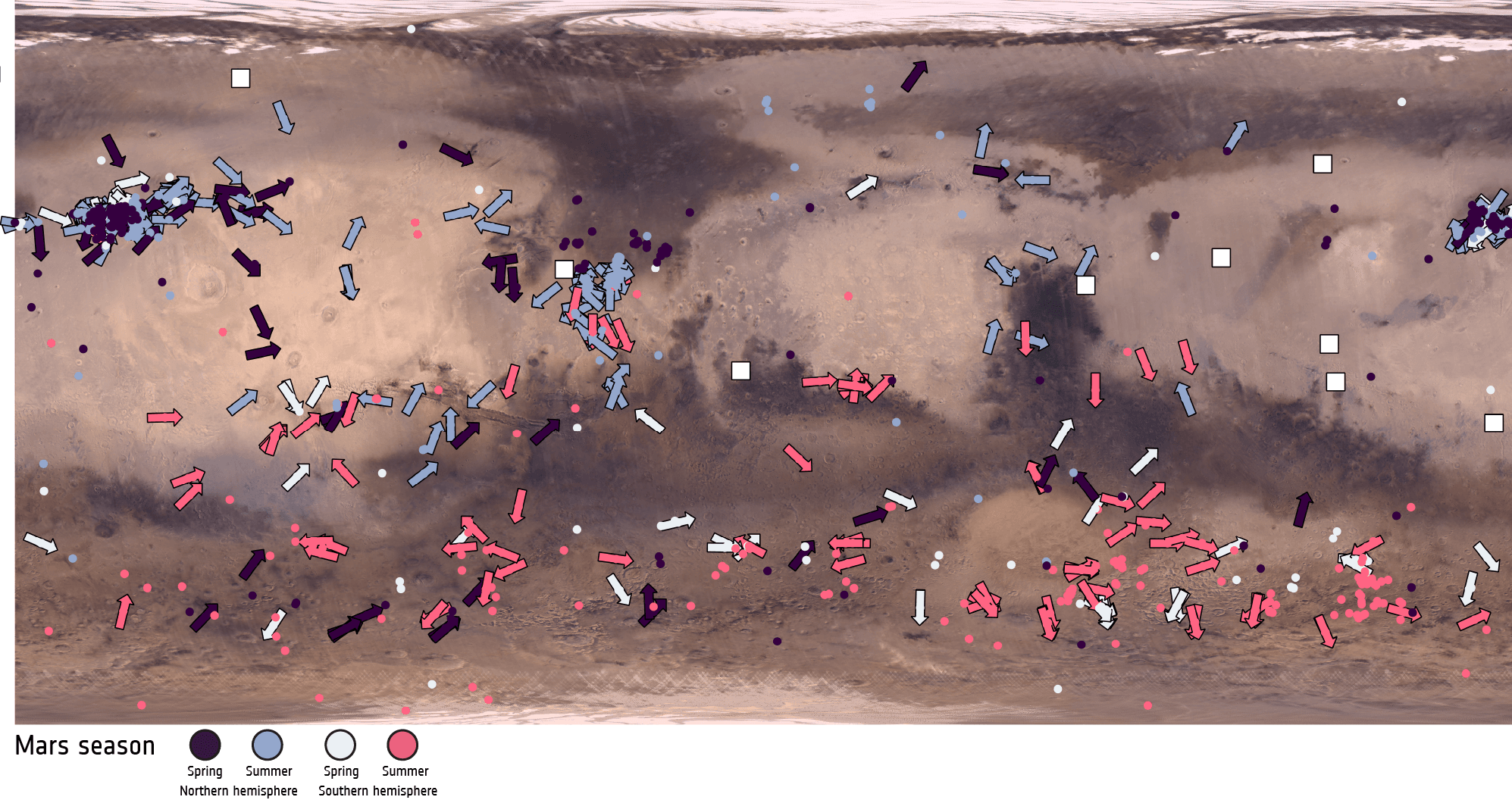 ภาพแผนที่ของพายุฝุ่นหมุนดาวอังคารที่เกิดจากข้อมูลของยาน Mars Express และ TGO ภาพจาก ESA