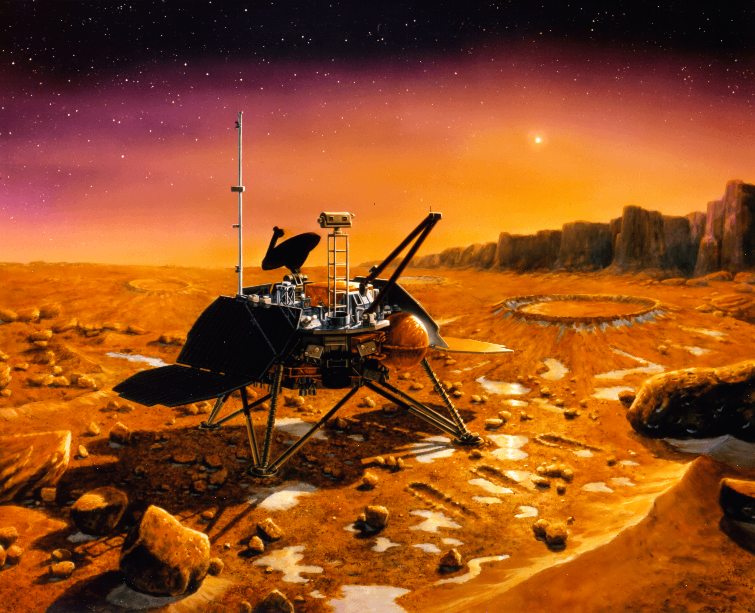 ภาพวาดภารกิจ Mars Polar Lander ซึ่งไม่ประสบความสำเร็จในการลงจอดบนดาวอังคารในปี 1997 ที่มา NASA