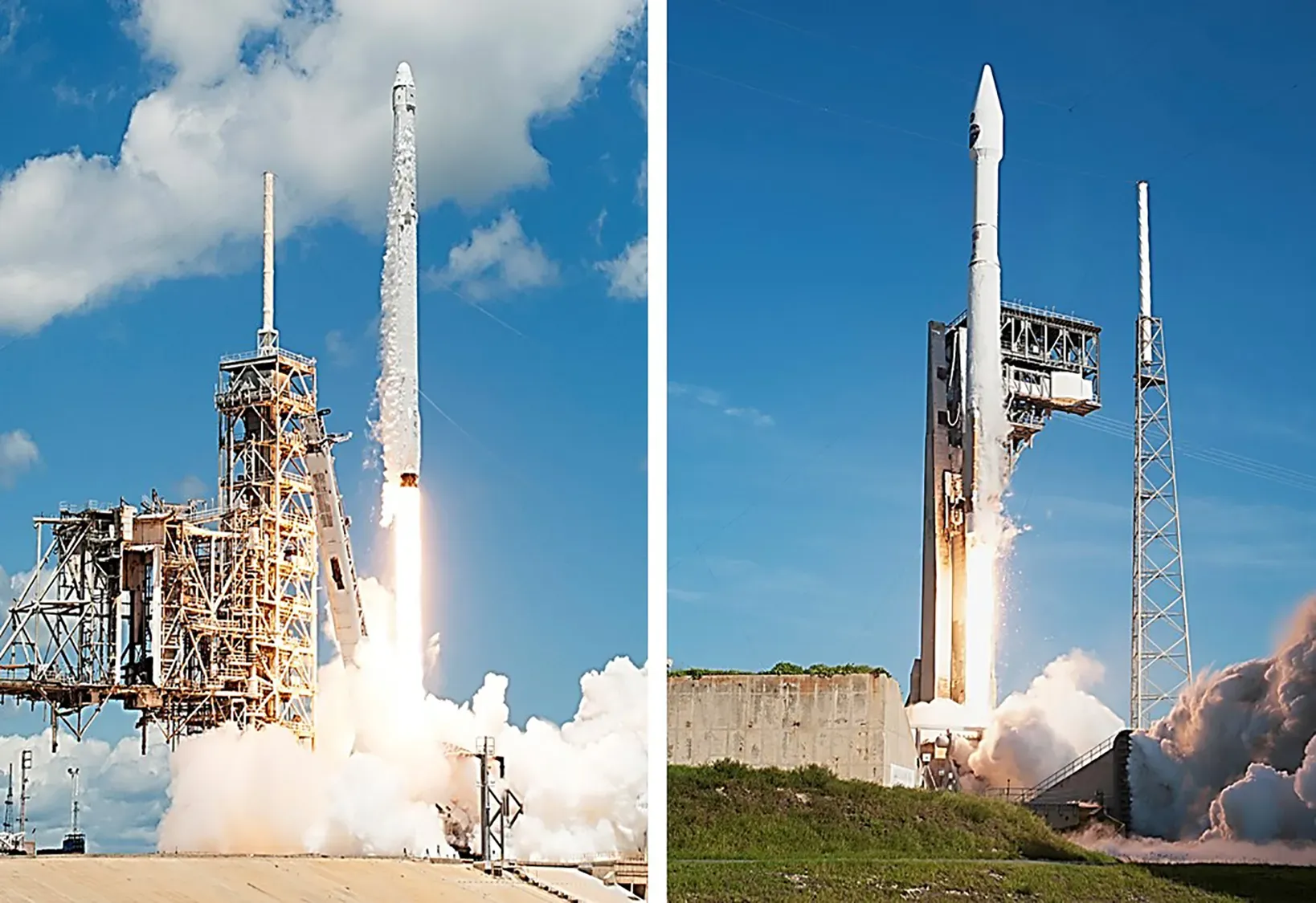 ภาพซ้าย วันที่ 14 สิงหาคม 2560 จรวด Falcon 9 ทะยานขึ้นจากฐานปล่อยจรวดหมายเลข 39A ที่ศูนย์อวกาศเคนเนดีของนาซา ภาพขวา วันที่ 18 สิงหาคม 2560 จรวด Atlas V ของ United Launch Alliance ทะยานขึ้นจากฐานปล่อยจรวดหมายเลข 41 ที่ฐานทัพอากาศเคปคานาเวอรัล เพื่อส่งดาวเทียมติดตามและส่งข้อมูลของนาซาขึ้นสู่วงโคจร ภาพจาก NASA/Tony Gray and Sandra Joseph