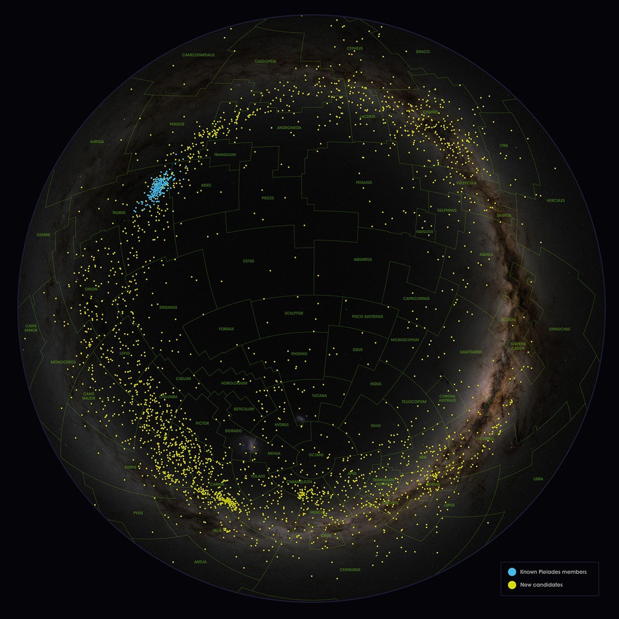 ภาพมุมมองท้องฟ้าที่ระบุตำแหน่งของดาวฤกษ์ที่มีความเกี่ยวข้องกับกระจุกดาวลูกไก่ โดยสีฟ้าคือตำแหน่งของดาวที่เกี่ยวข้องเดิม สีเหลืองคือตำแหน่งของดาวที่เกี่ยวข้องใหม่ ภาพจาก NASA