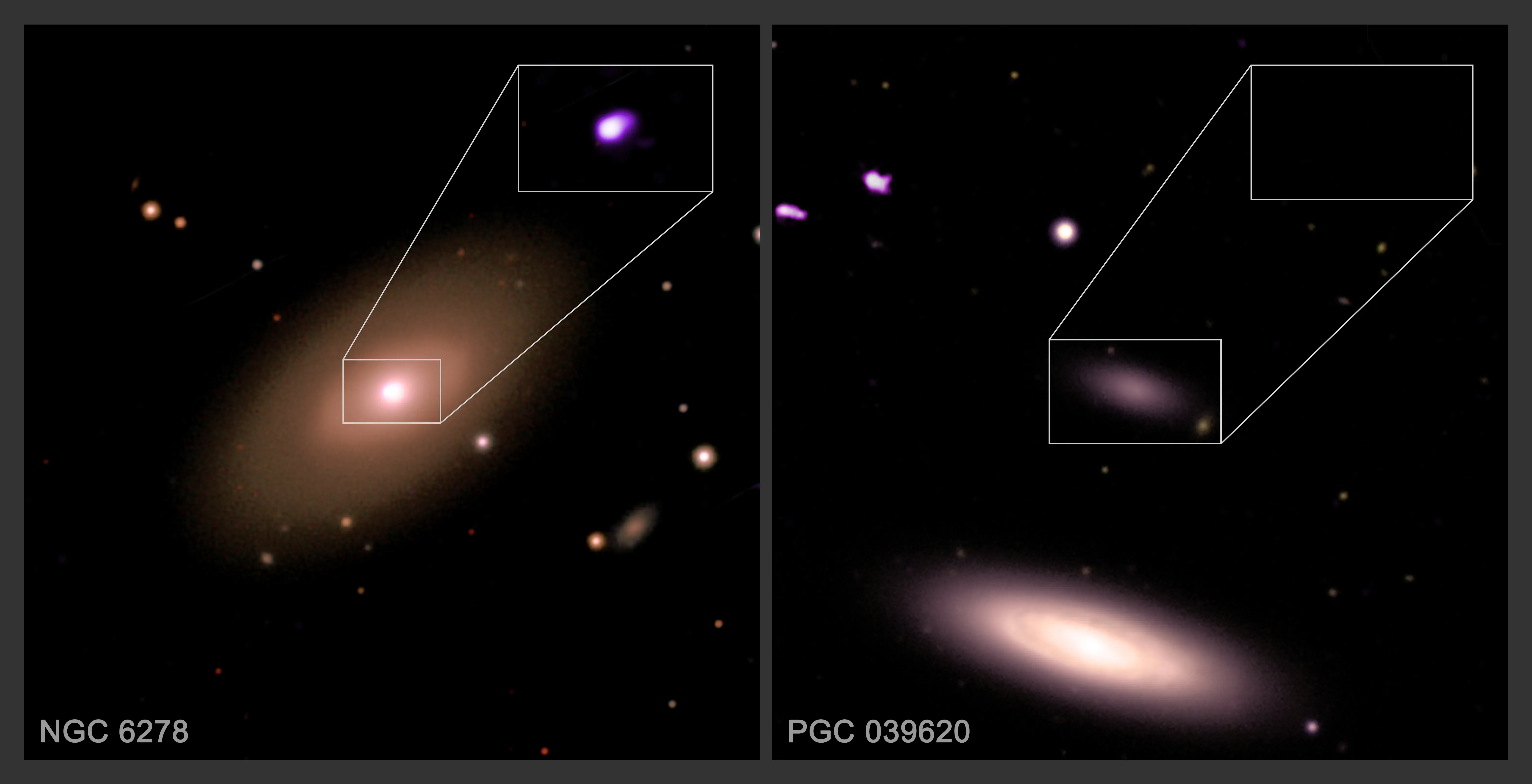 ภาพเปรียบเทียบกาแล็กซีที่มีหลุมดำ ณ ใจกลางกาแล็กซี ระหว่าง NGC 6278 (ซ้าย) และ PGC 039620 (ขวา) โดยจะเห็นได้ว่าใจกลางกาแล็กซีทางซ้ายนั้นมีสัญญาณของหลุมดำในย่านรังสีเอกซ์ ส่วนทางขวาที่เป็นกาแล็กซีแคระนั้นไม่