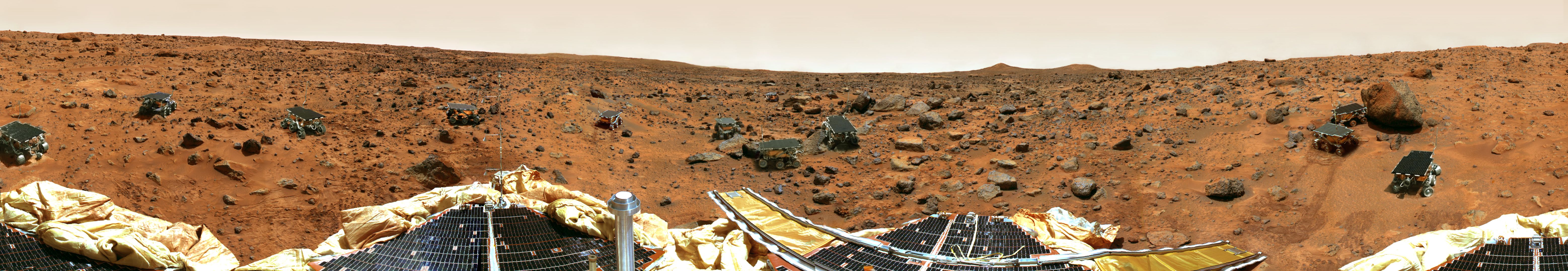 ภาพถ่าย Panorama แบบ Timelapse จากกล้องบนยาน Mars Pathfinderให้เห็นถึงภาพรวมภารกิจและการเดินทางสำรวจก้อนหินต่าง ๆ ของหุ่นยนต์ Sojourner ที่มา NASA