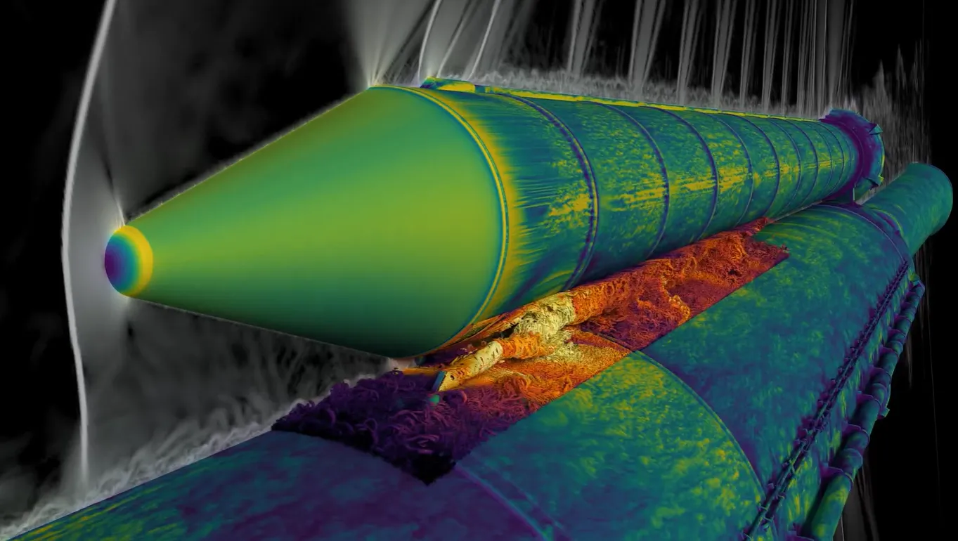 ภาพจำลองกระแสอากาศที่ไหลรอบจรวด SLS ของ NASA ก็ใช้สมการ Navier-Stokes ในการจำลอง ภาพจาก NASA.webp
