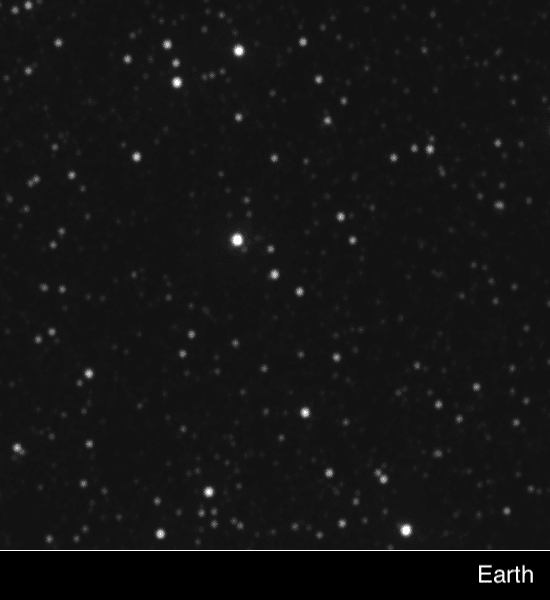 การทำ Stellar Parallax ด้วยยาน New Horizons เมื่อปี 2020 โดยภาพนี้คือมุมมองของโลก