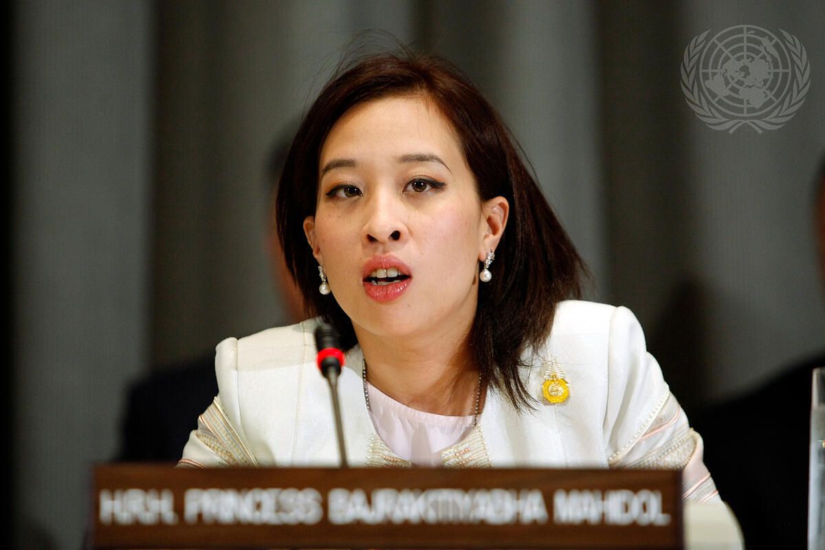 สมเด็จพระเจ้าลูกเธอ เจ้าฟ้าพัชรกิติยาภา นเรนทิราเทพยวดี กรมหลวงราชสาริณีสิริพัชร มหาวัชรราชธิดา มีพระดำรัส เนื่องในวันยุติความรุนแรงต่อสตรีสากล ณ สหประชาชาติ นครนิวยอร์ก เมื่อปีพุทธศักราช ๒๕๕๒ (เครดิตพระรูป: Paulo Filgueiras/UN Photo)