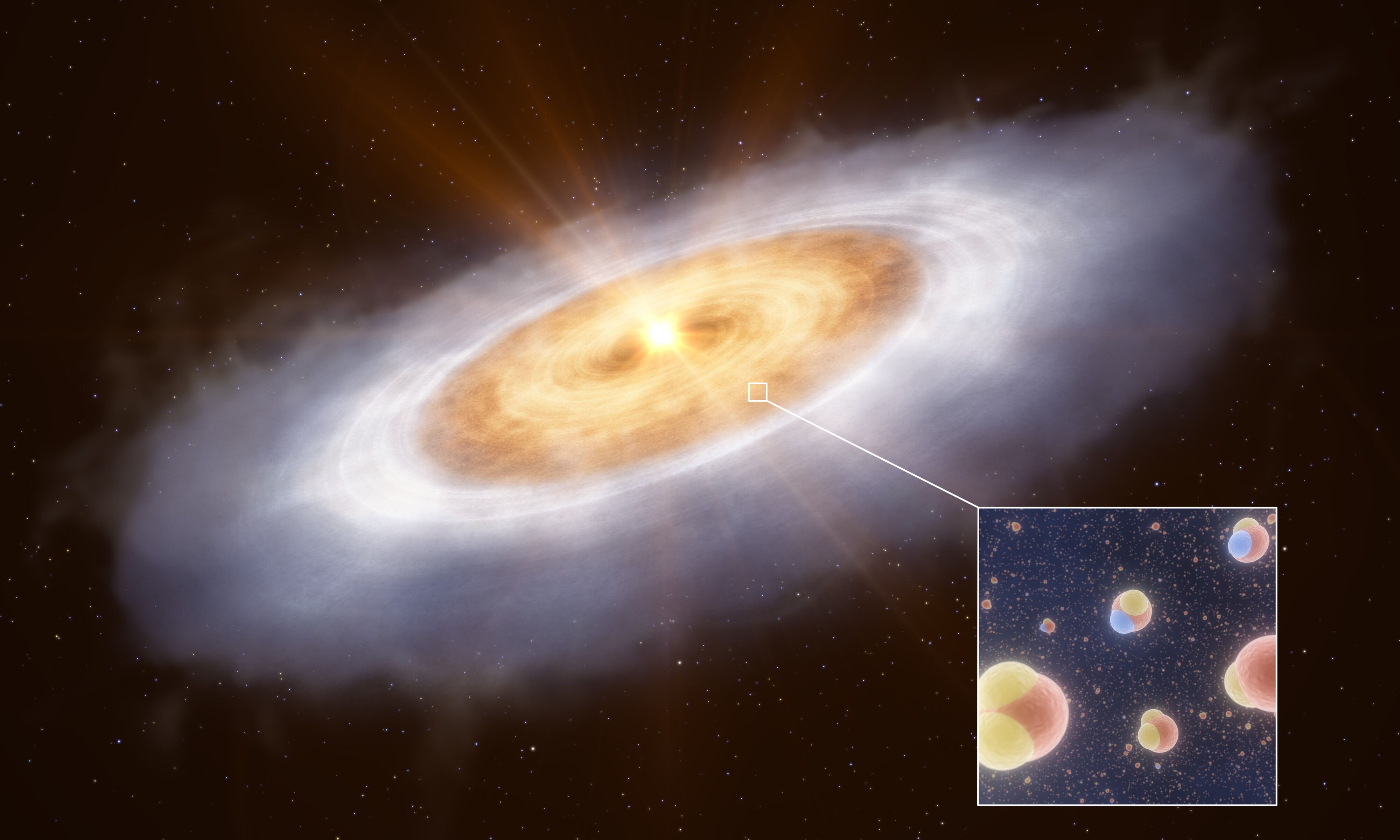 ภาพวาดของระบบ V883 Orionis ที่ภายในตรวจพบสัญญาณของน้ำมวลหนักอยู่ภายในจานพอกพูนมวลรอบดาวฤกษ์ ภาพจาก ESO