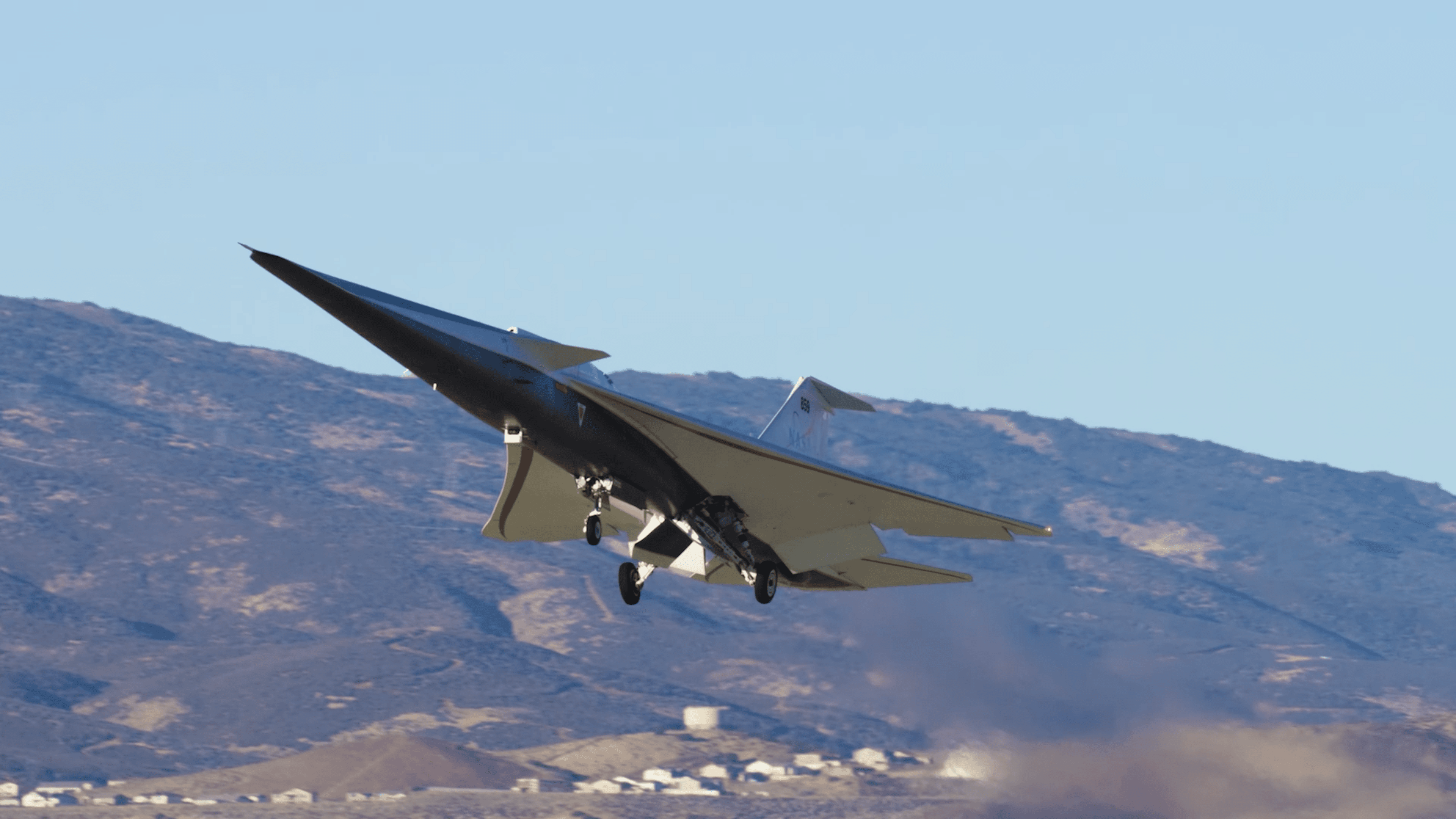 ภาพการทดสอลการบินของ X-59 ขณะกำลังทะยานขึ้น ภาพจาก Lockheed Martin