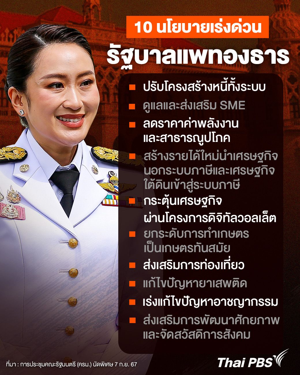 เปิด 10 นโยบายเร่งด่วน "รัฐบาลแพทองธาร" 