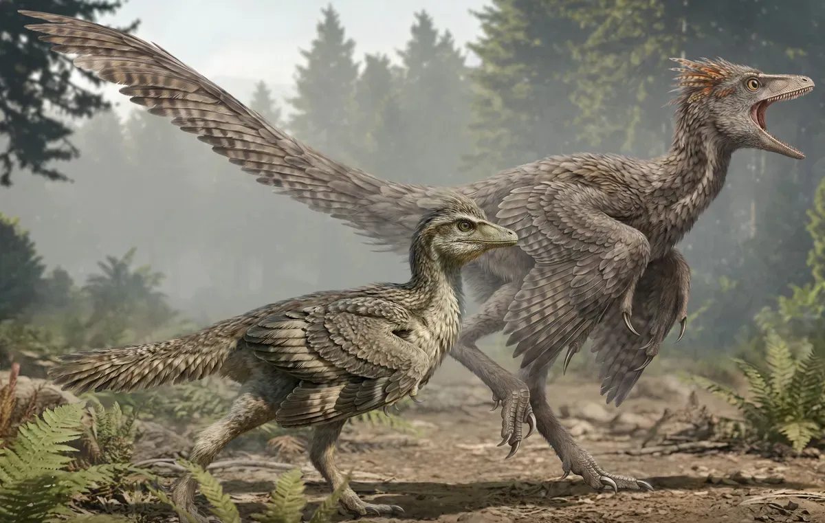 ภาพจำลองโครงสร้างใหม่ของนกยุคก่อนประวัติศาสตร์ในยุราสสิก ได้แก่ Zhengheornis buyu (ด้านหน้า) และ Fujianvenator prodigiosus (ด้านหลัง) แสดงให้เห็นความแตกต่างของความยาวหาง ภาพจาก Chung-Tat Cheung