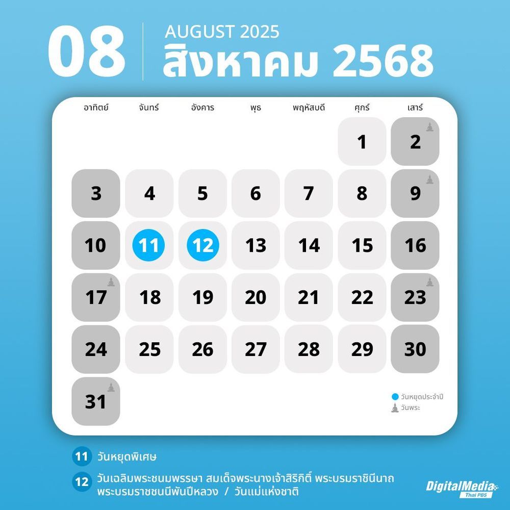ปฏิทินเดือนสิงหาคม 2568