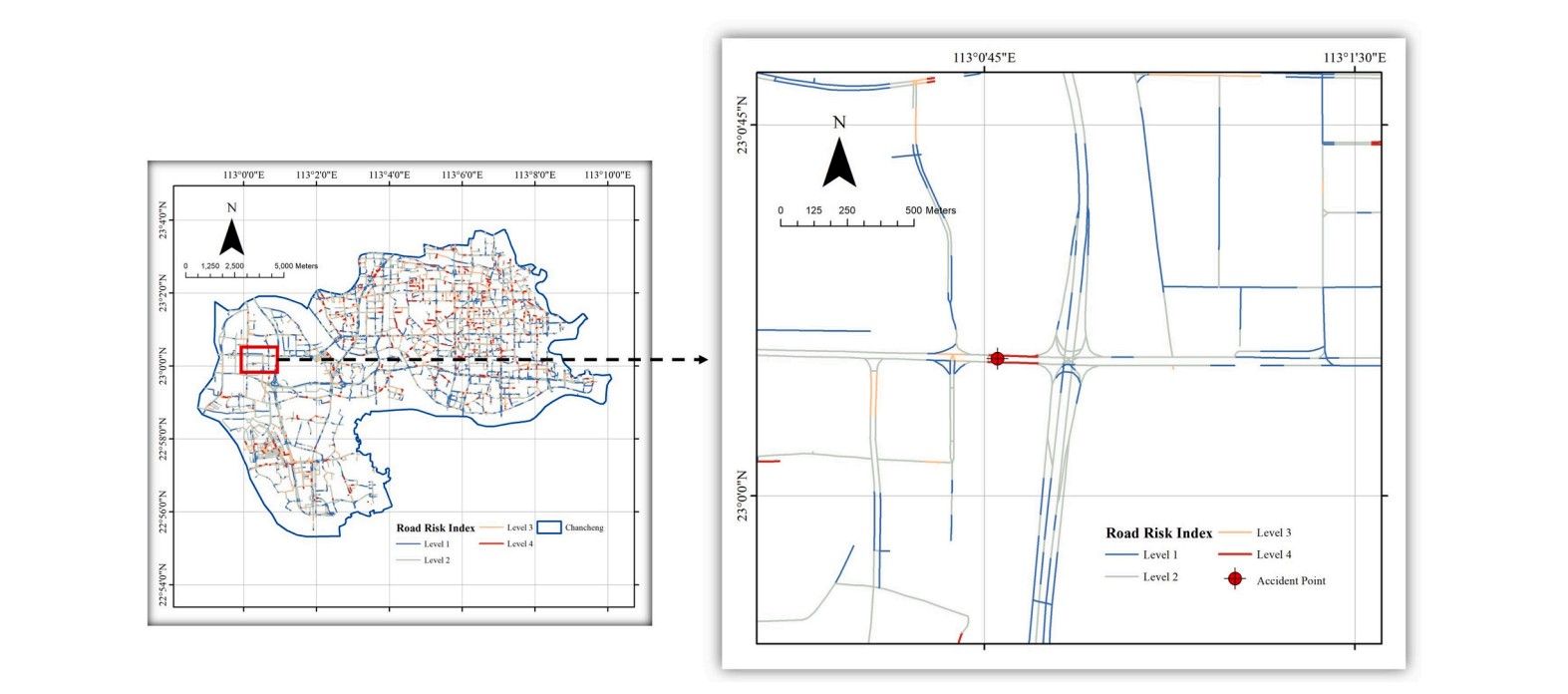 แผนที่จำลองความเสี่ยงการเกิดถนนทรุดตัวในฝอซาน พร้อมระดับความอันตราย ประเมินโดยการเรียนรู้ของเครื่องที่พัฒนาในจีน (ภาพจาก: Journal of Safety Science and Resilience, 6(4))