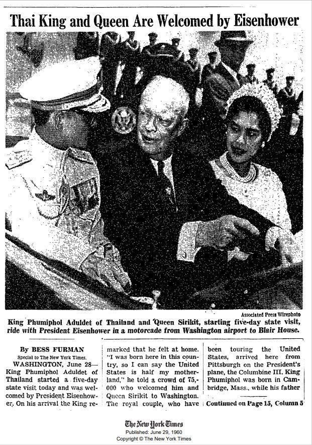 ข่าวการเสด็จเยือนสหรัฐอเมริกาทางราชการของพระประมุขไทย บนหน้าหนังสือพิมพ์ The New York Times ฉบับวันที่ ๒๙ มิถุนายน พ.ศ. ๒๕๐๓ (เครดิต: The New York Times)