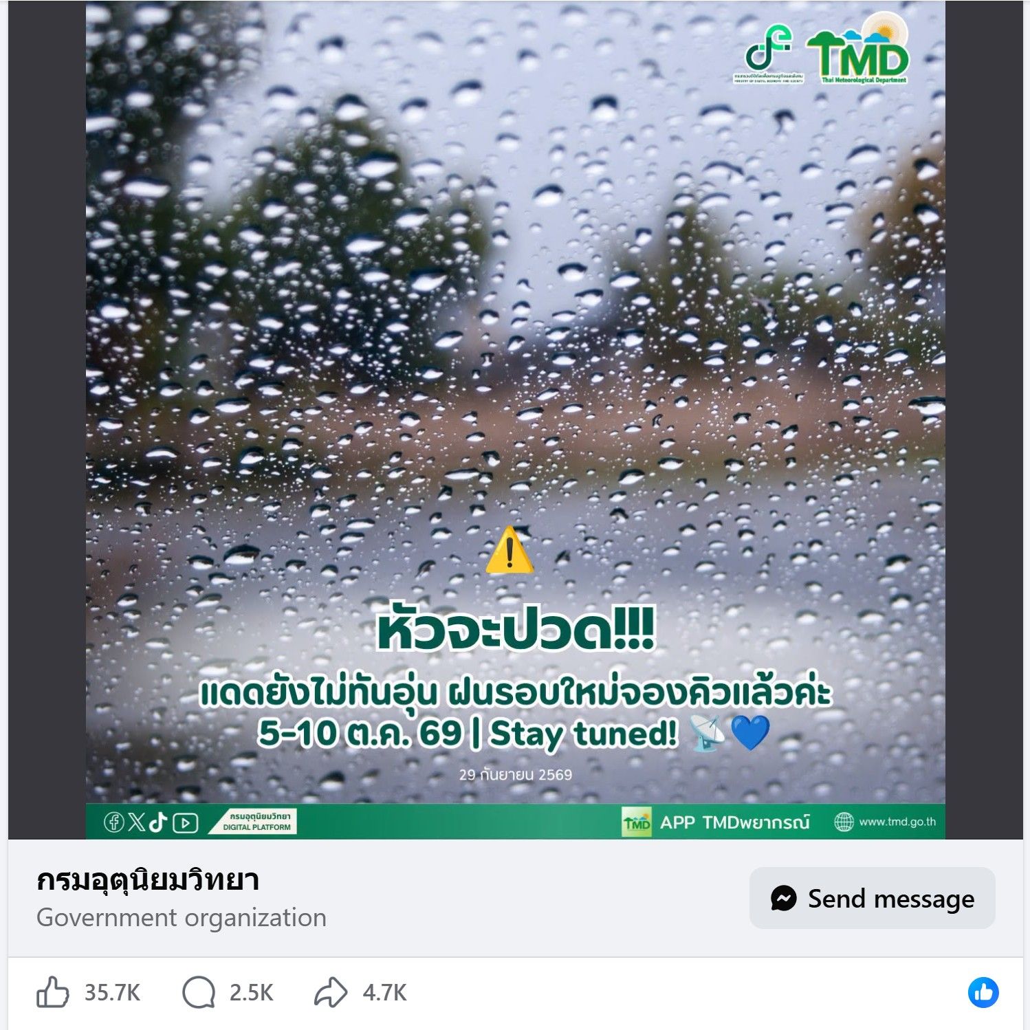 โพสต์ของกรมอุตุฯ สร้างเอนเกจเมนต์ที่สูงในโซเชียลมีเดีย
