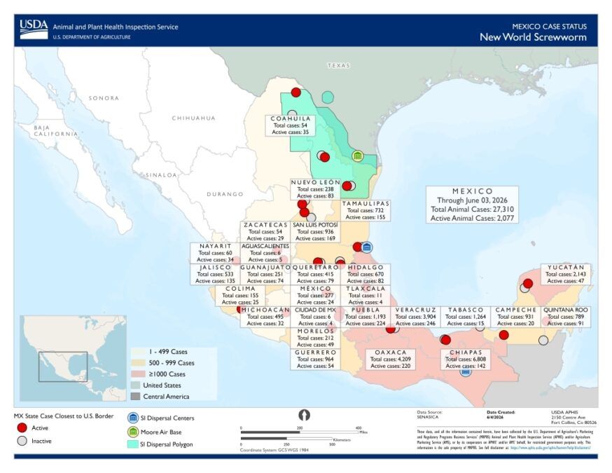 แผนที่แสดงการตรวจพบผู้ป่วย ภาพจาก กระทรวงเกษตรสหรัฐอเมริกา (USDA)
