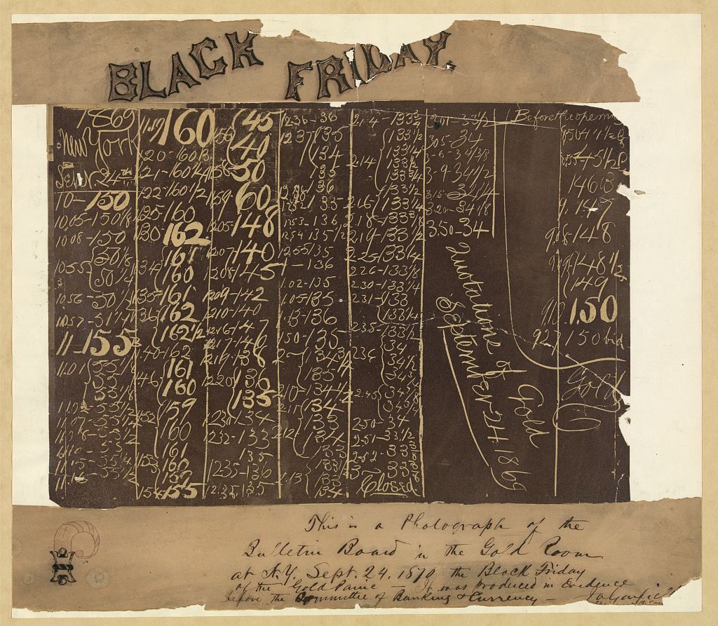 ภาพกระดานบันทึกราคาทองในวัน Black Friday แห่ง Wall Street (ภาพจาก: Library of Congress) 